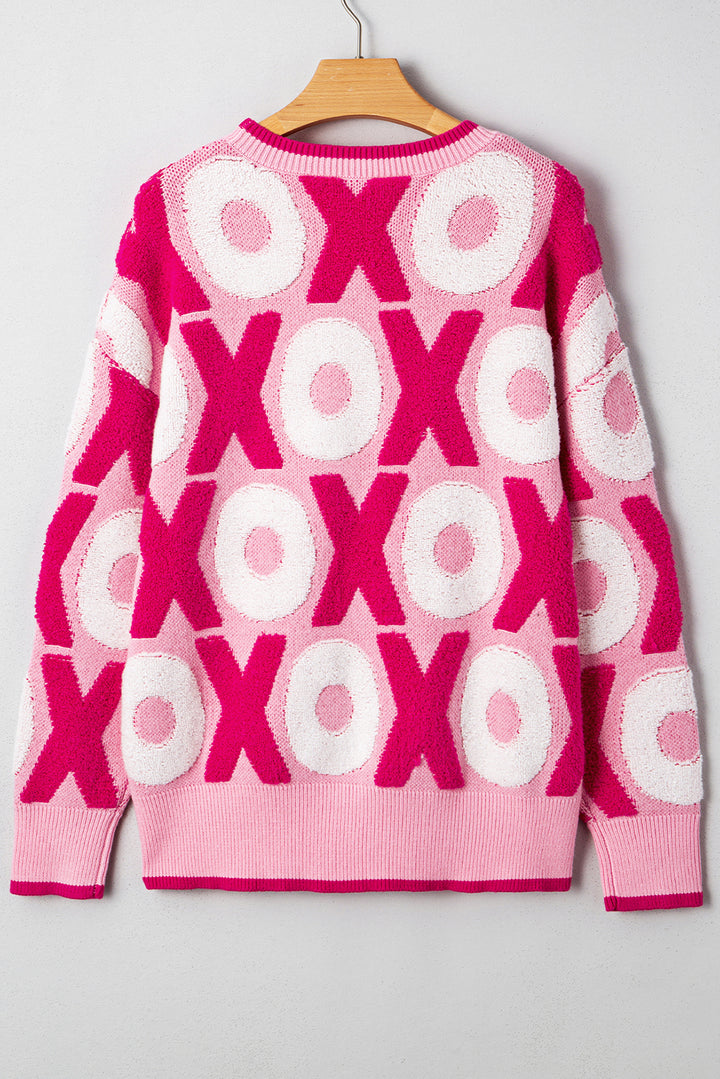 Pink XOXO Pattern Drop Shoulder Crewneck Valentines Sweater