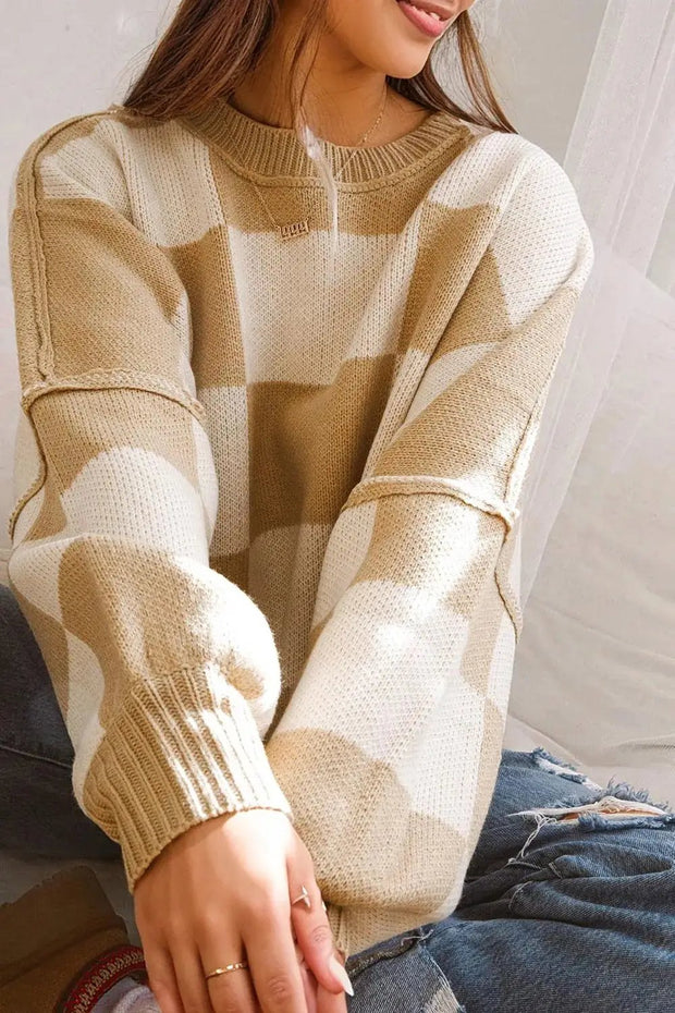 Checkered Bishop Sleeve Sweater -