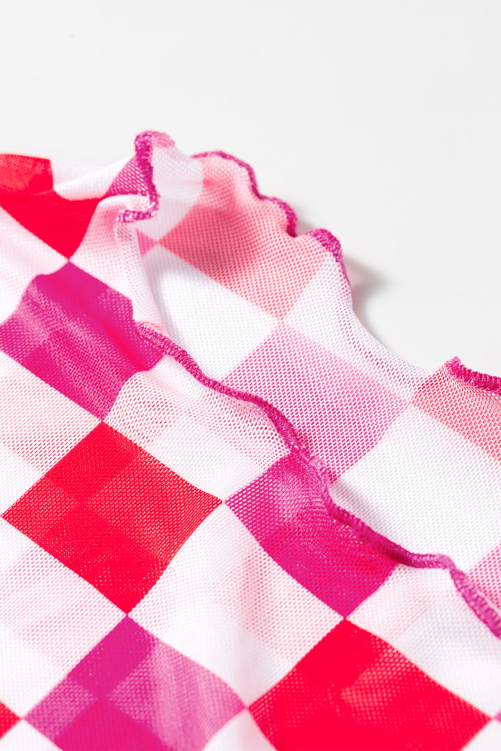 Plaid Heart Mesh Sheer Long Sleeve High Neck Blouse