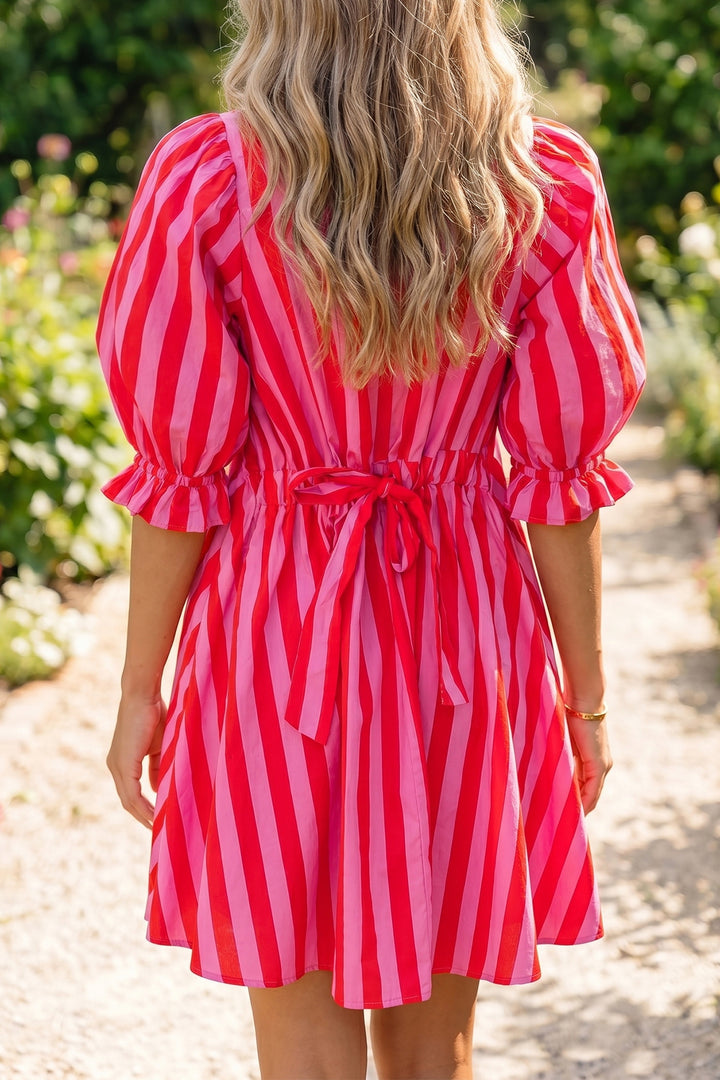 Stripe Half Button Puff Sleeve Loose Mini Dress