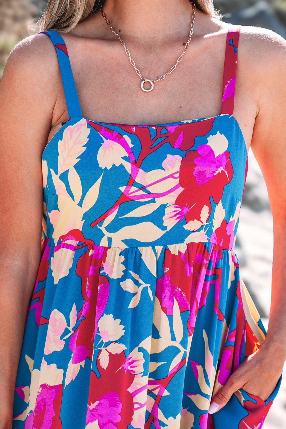 Dark Blue Floral High Waist Sleeveless Flared Long Dress