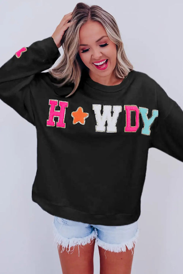 Black Howdy Glitter Chenille Patch Graphic Casual Sweatshirt -