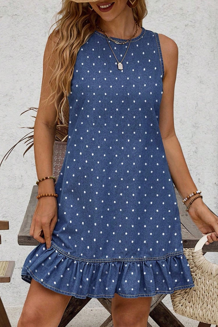 Blue Polka Dot Ruffle Hem Sleeveless Shift Dress Mini Vacation
