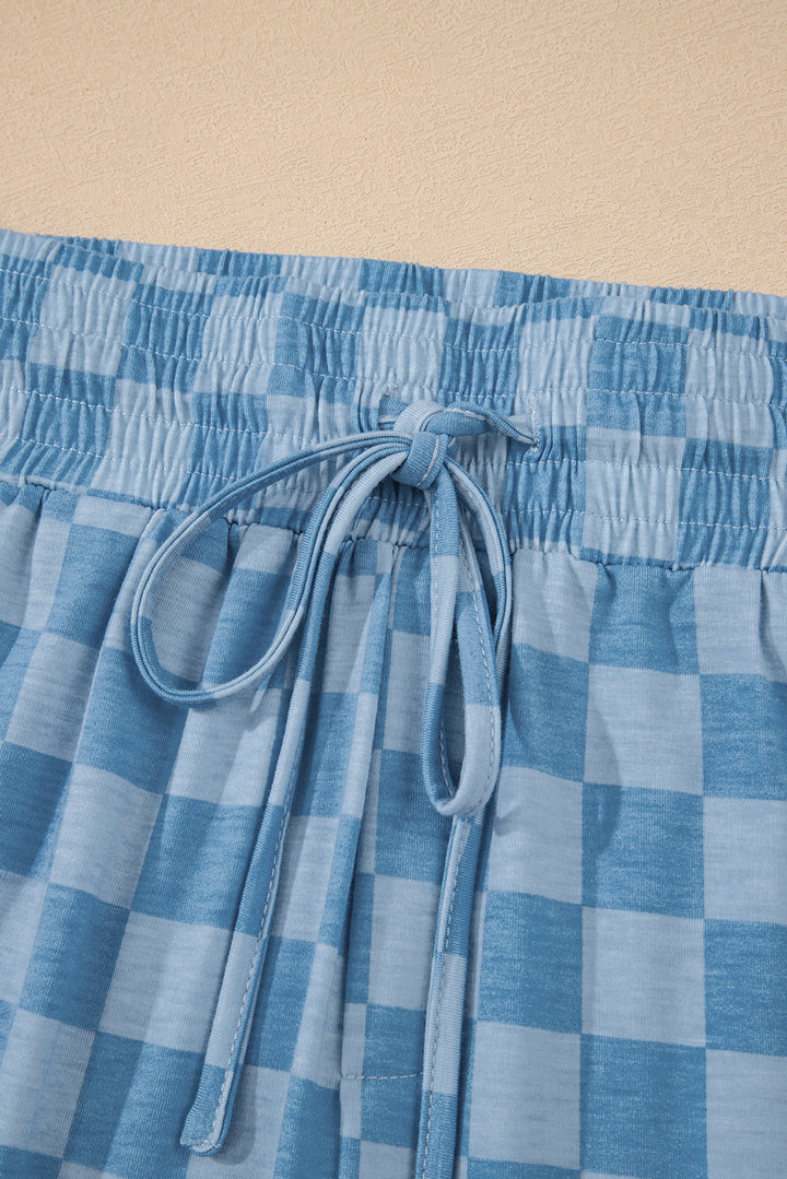 Sky Blue Checkered Elastic High Waist Loose Casual Pants