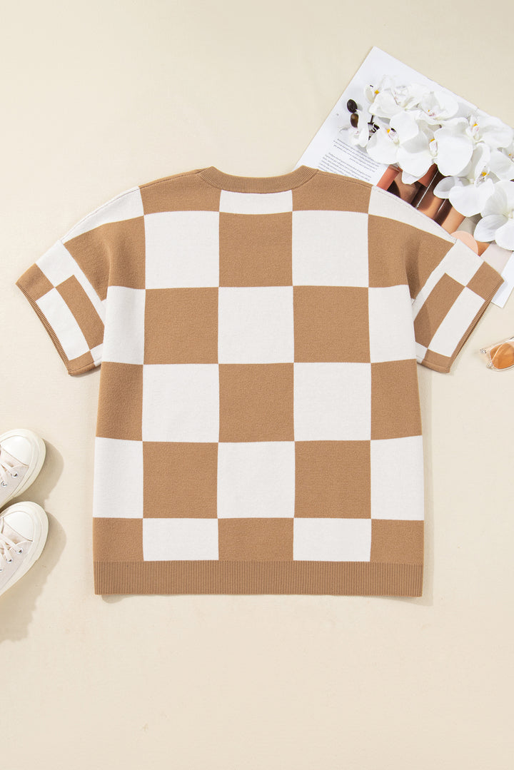 Light French Beige Plus Size Checkered Pattern Knit Short Sleeve Sweater