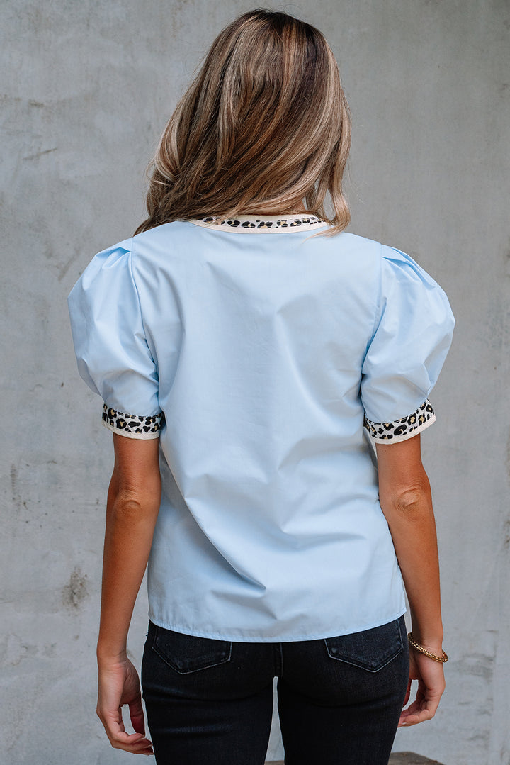 Leopard Trim Split Neck Puff Sleeve Blouse
