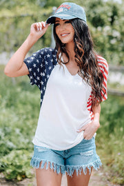 American Flag Print Short Sleeve V Neck T Shirt -