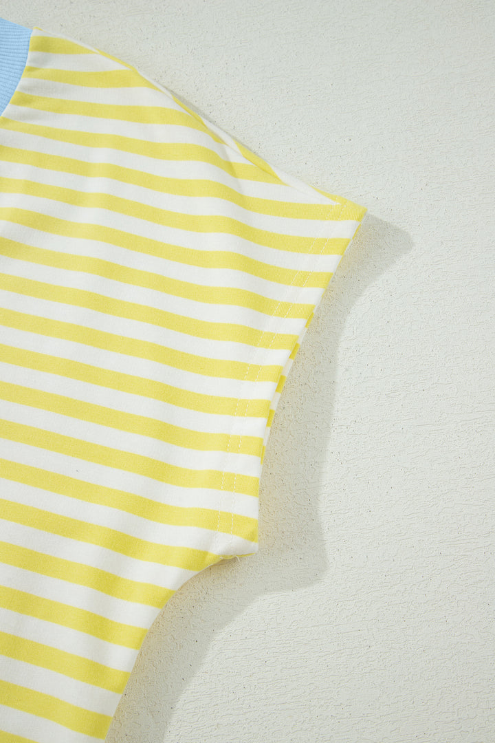 Stripe Colorblock Trim V Neck Tee Drawstring Elastic Waist Short Set