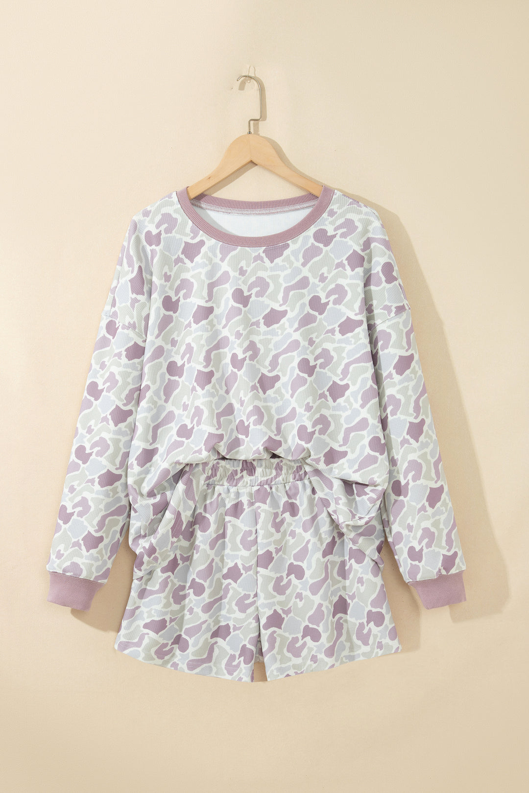Green Camouflage Waffle Knit Long Sleeve Top Casual Shorts Set