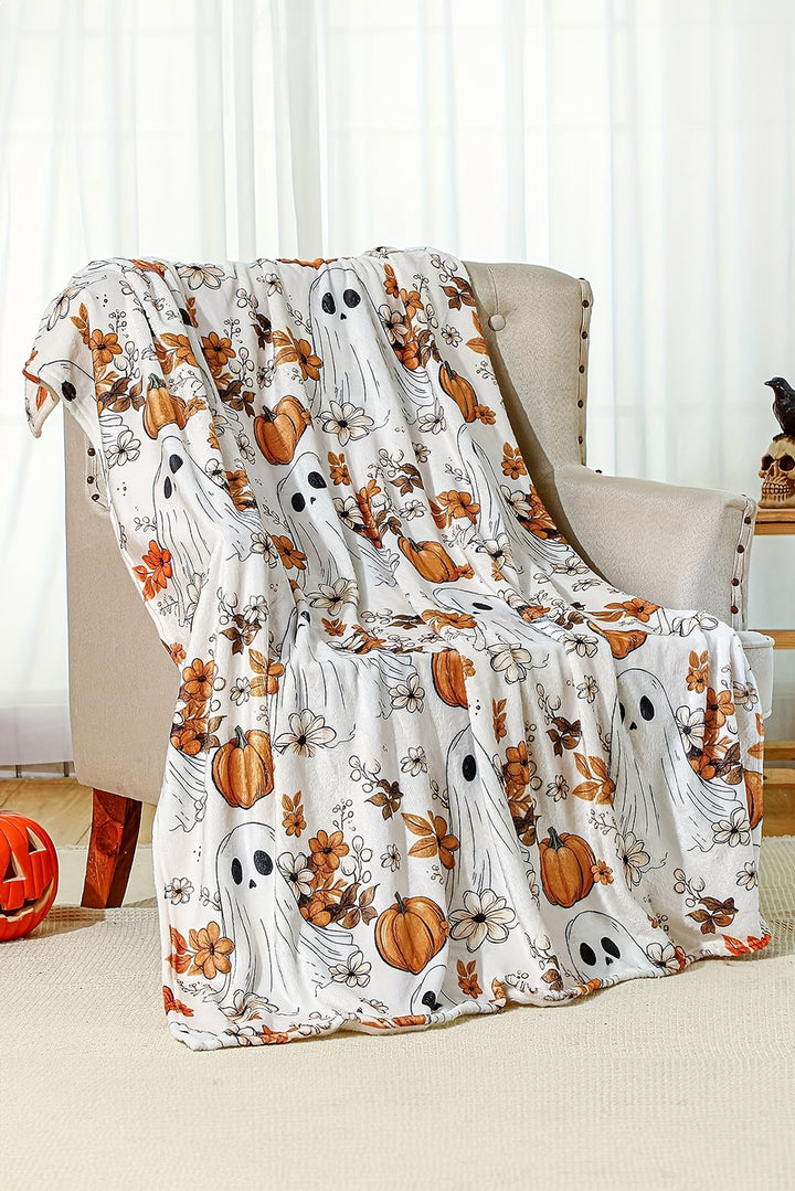Orange Halloween Ghost Pumpkin Flower Throw Blanket