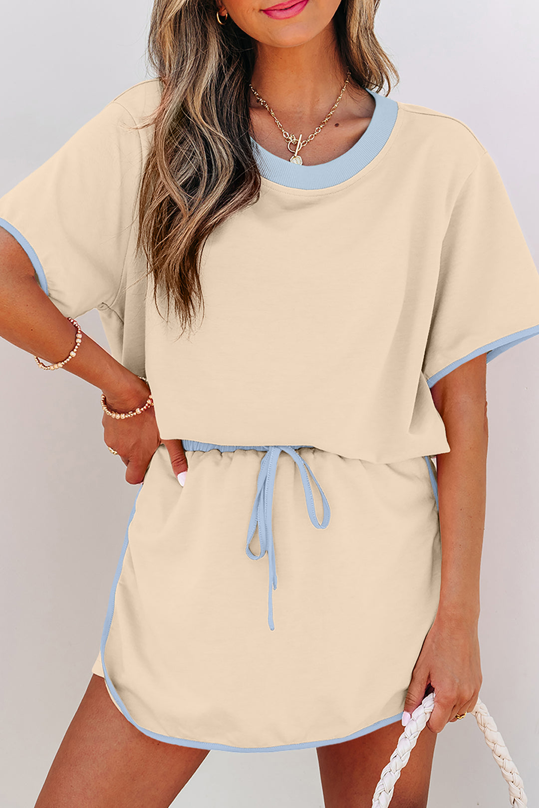 Colorblock Edge Drop Shoulder T Shirt and Skort 2Pcs Set