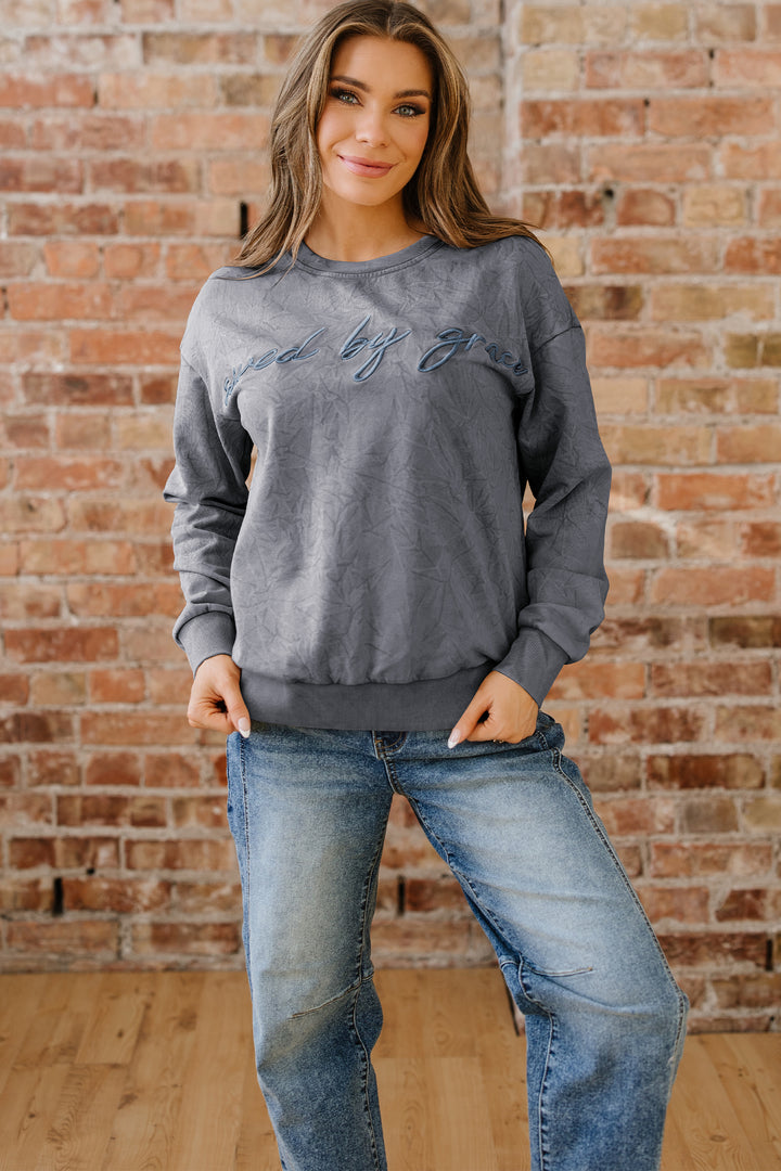 saved by grace Letter Embroidery Mineral Wash Loose Sweatshirt