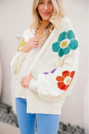 White Flower Jacquared Bubble Sleeve Open Cardigan -