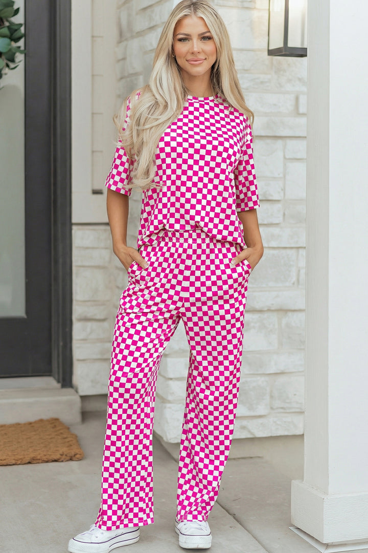 Checkered Print Half Sleeve Tee 2pcs Lounge Pant Set