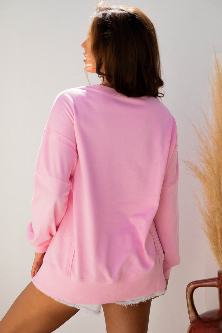 Pink Bow Sequin XOXO Letter Graphic Exposed Seam Baggy Sweatshirt