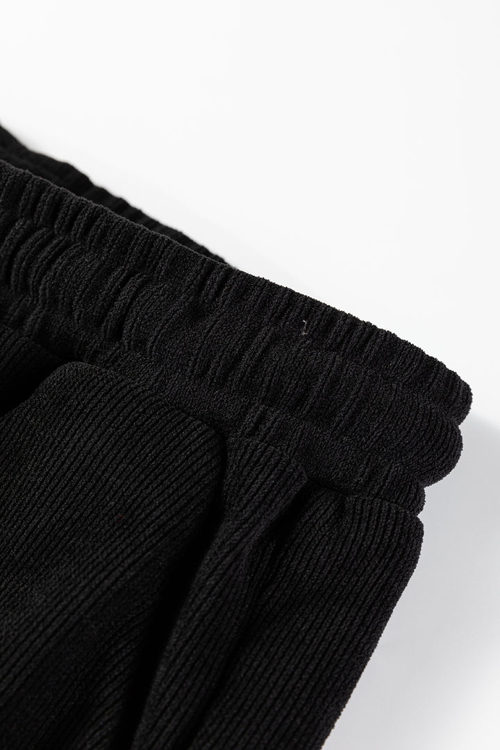 Black Solid Color Textured Knit Drop Shoulder Pullover Drawstring Shorts Set