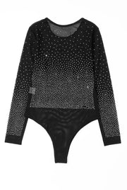 Black Rhinestone Embellished Mesh Long Sleeve Bodysuit -