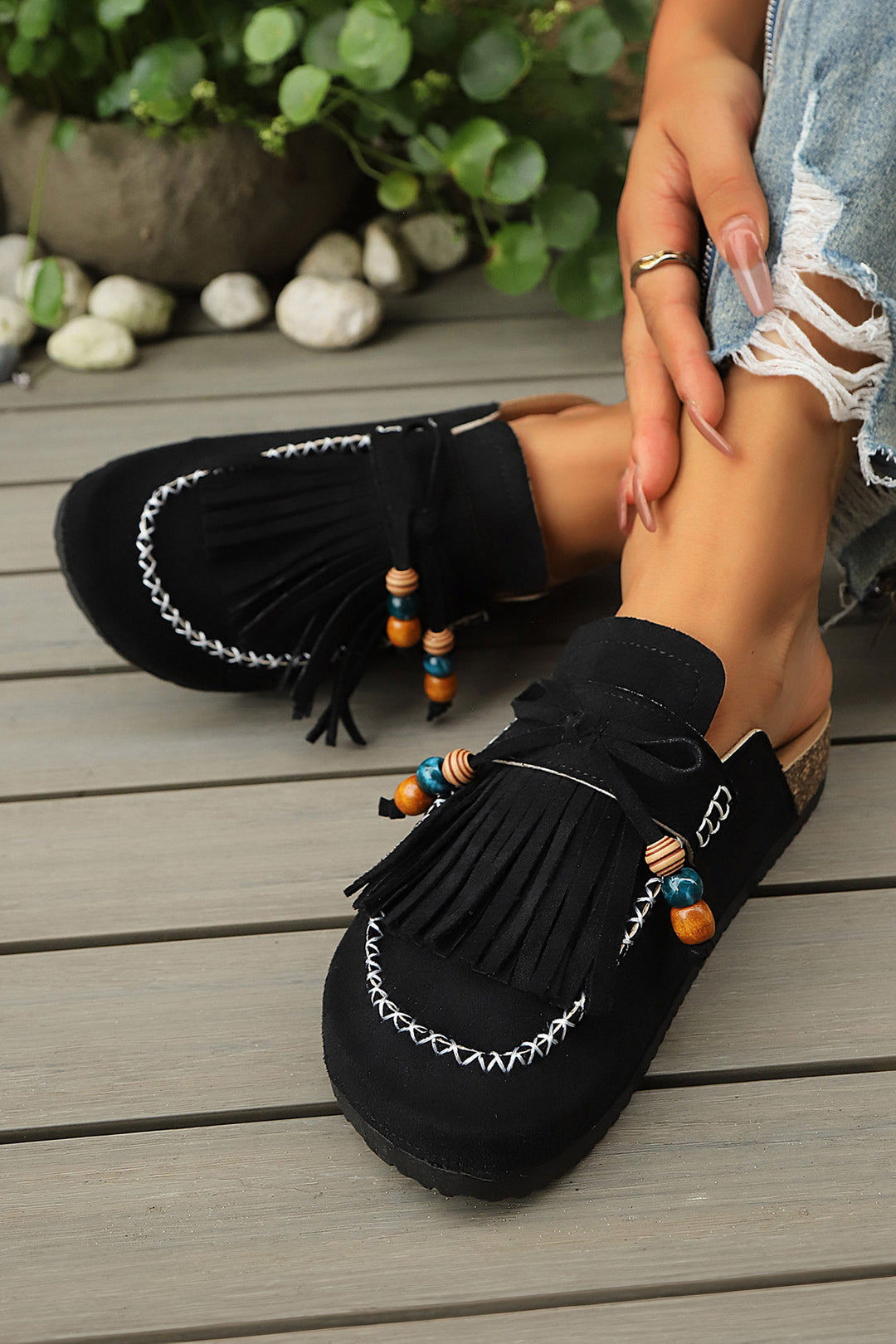 Boho Bow Fringed Faux Suede Slip-on Loafers