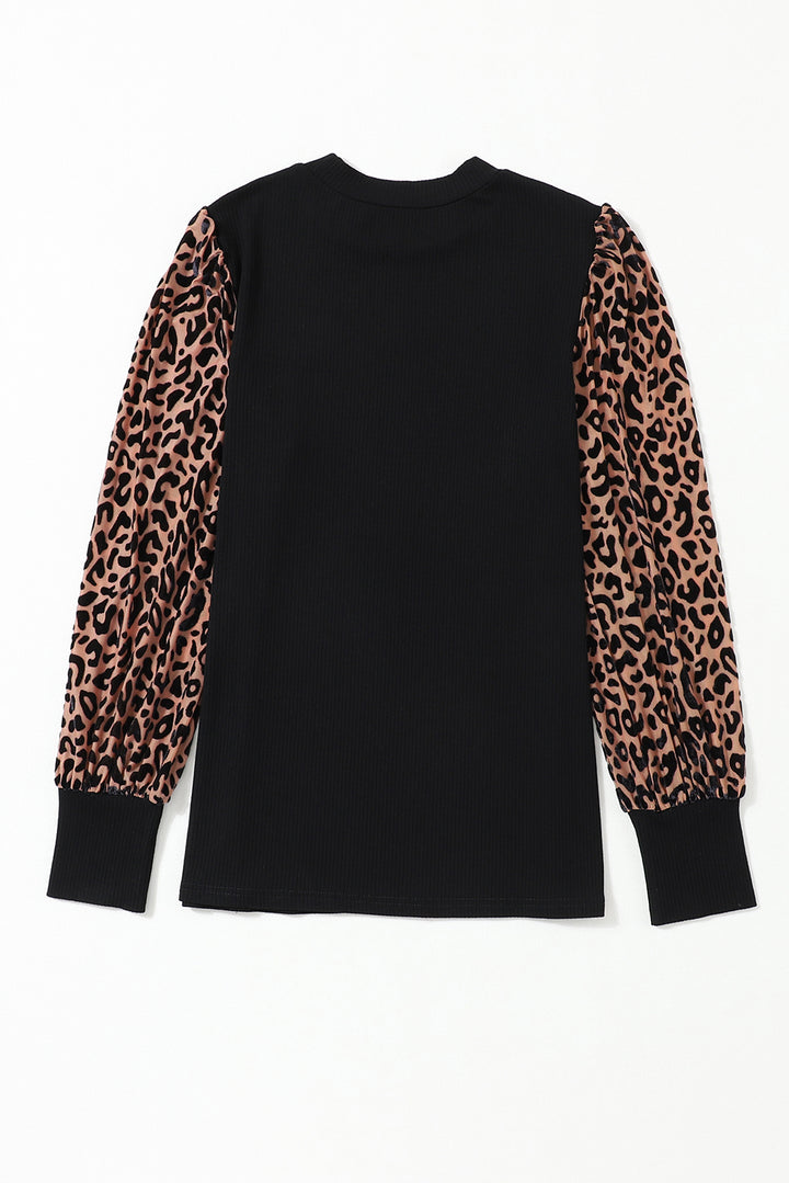 Leopard Print Long Sleeve Ribbed Knit Blouse