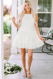 White Frill Trim Sleeveless Babydoll Dress - White / L / 100%Cotton