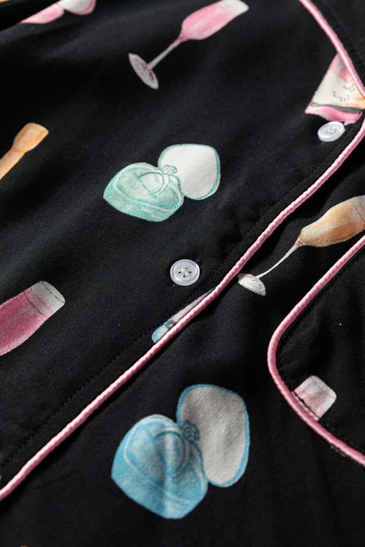 Christmas Wine Glass Print Bow Knot Two Piece Pajama Set