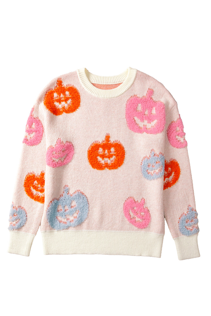 Beige Halloween Cute Pumpkin Pattern Sweater