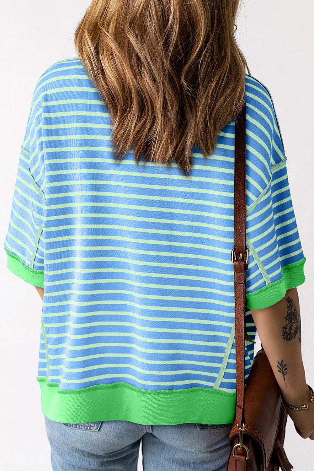 Stripe Oversized Contrast Trim Exposed Seam High Low T Shirt