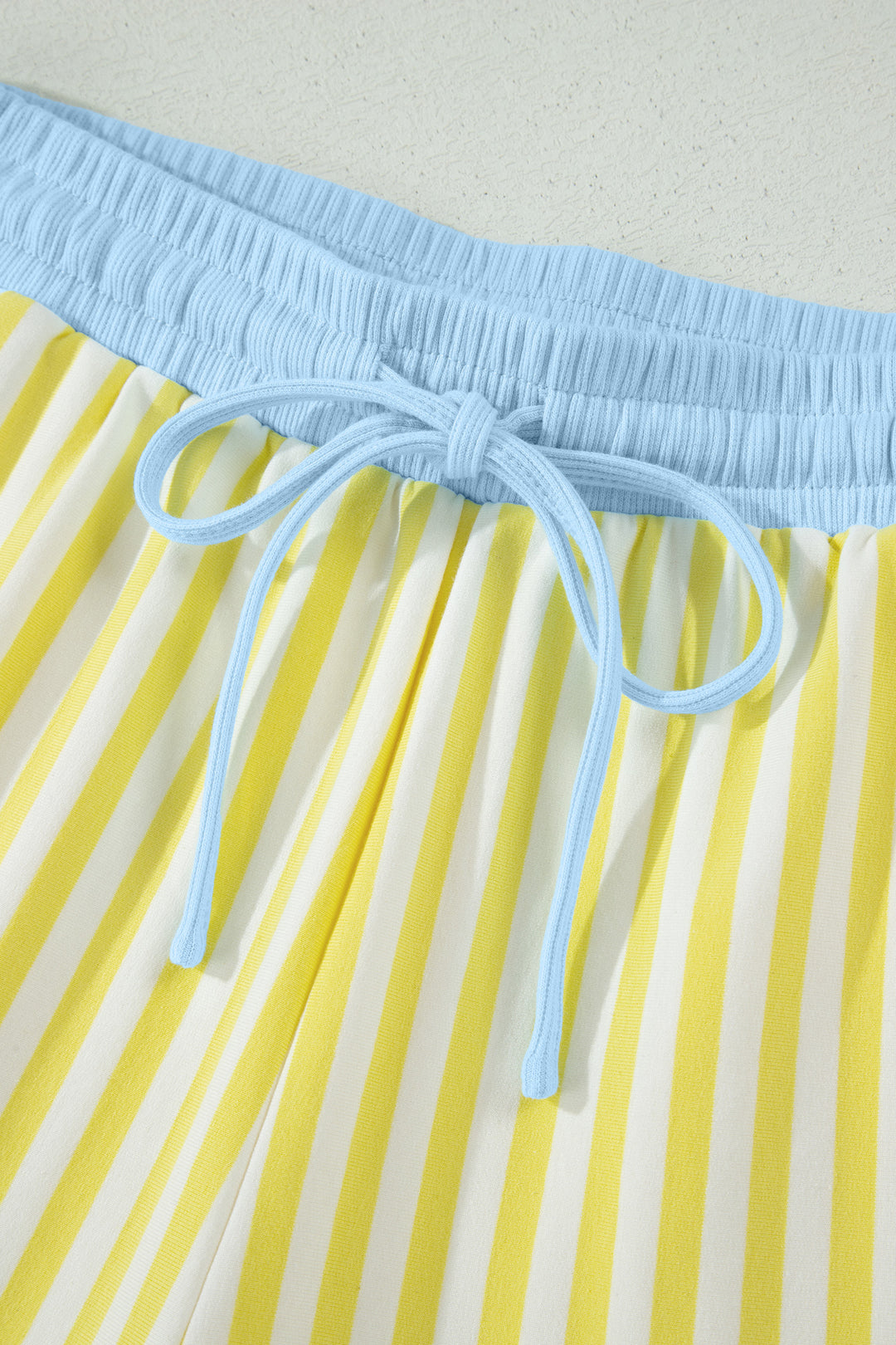 Stripe Colorblock Trim V Neck Tee Drawstring Elastic Waist Short Set