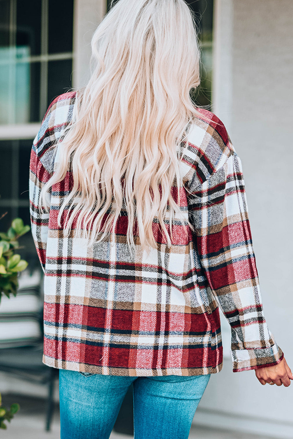 Geometric Plaid Print Pocketed Shacket -