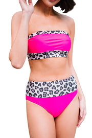 Neon Pink Leopard Print Trim Bandeau Bikini -