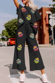 Black Easter Egg Graphic Textured Short Sleeve Wide Leg Pants Set - Black / 2XL