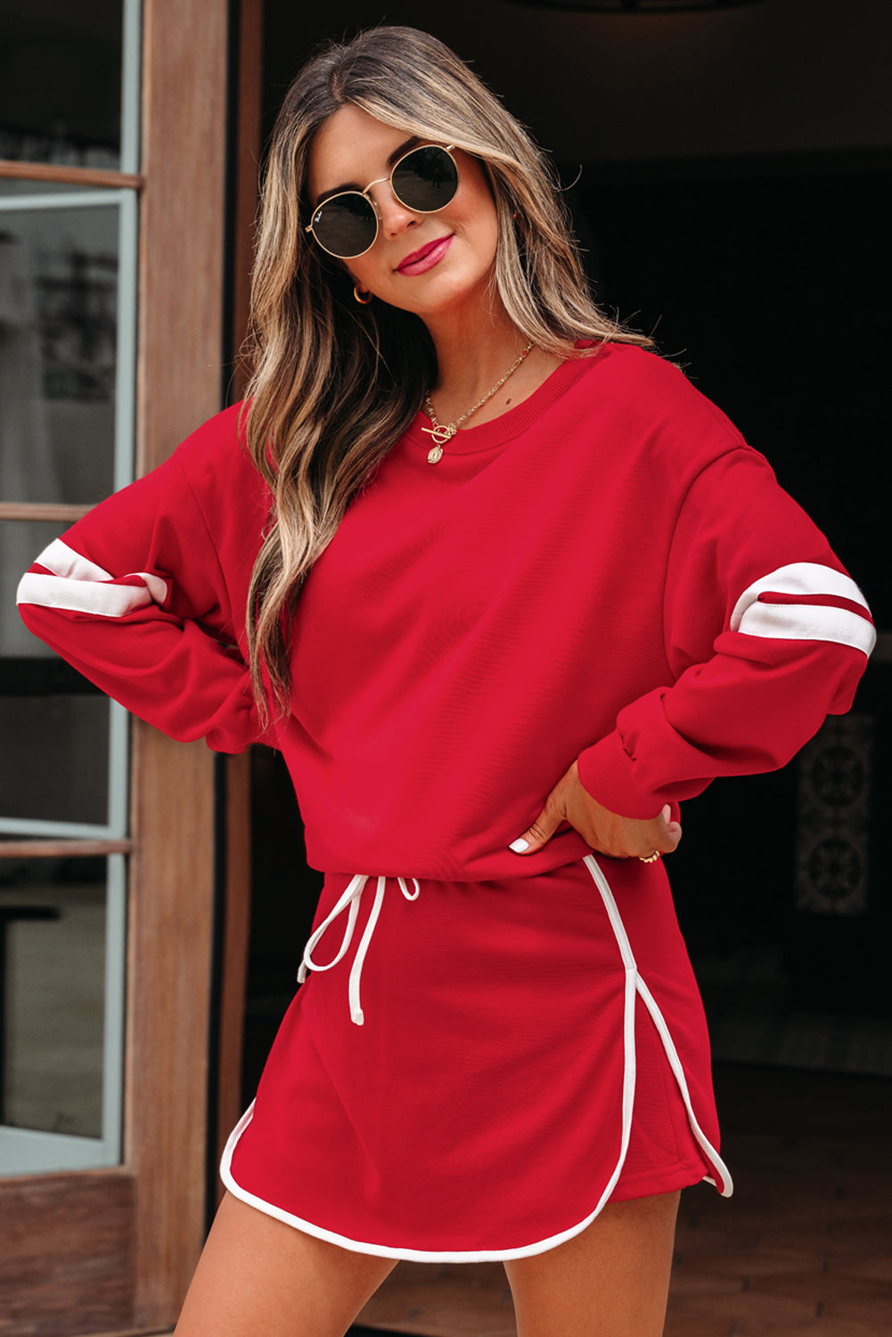 Varsity Stripe Detail Drop Shoulder Pullover Mini Skirt Set