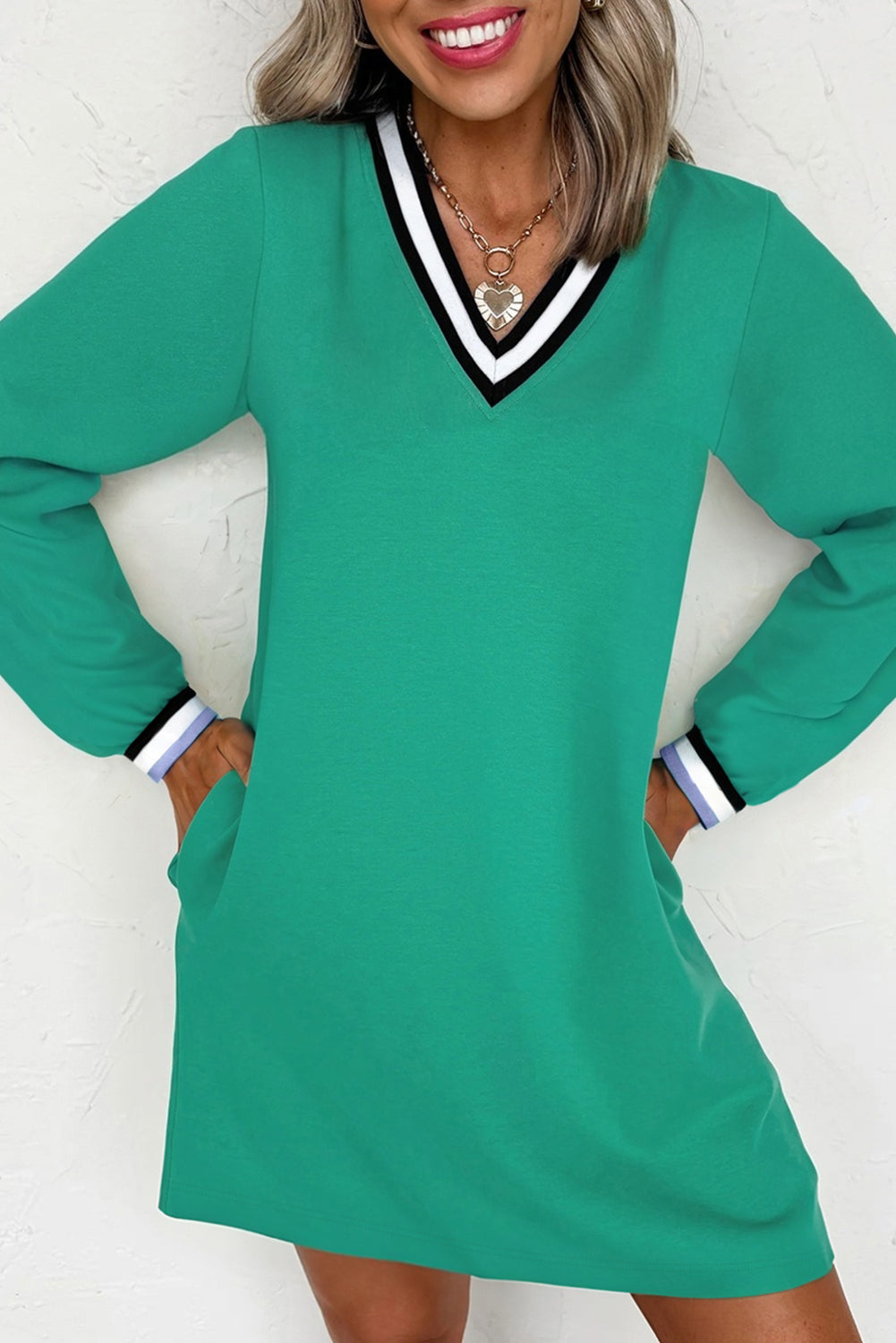 Varsity Contrast Stripe V-Neck Long Sleeve Pocket T-Shirt Dress - Sunny Angela Mint Green / S