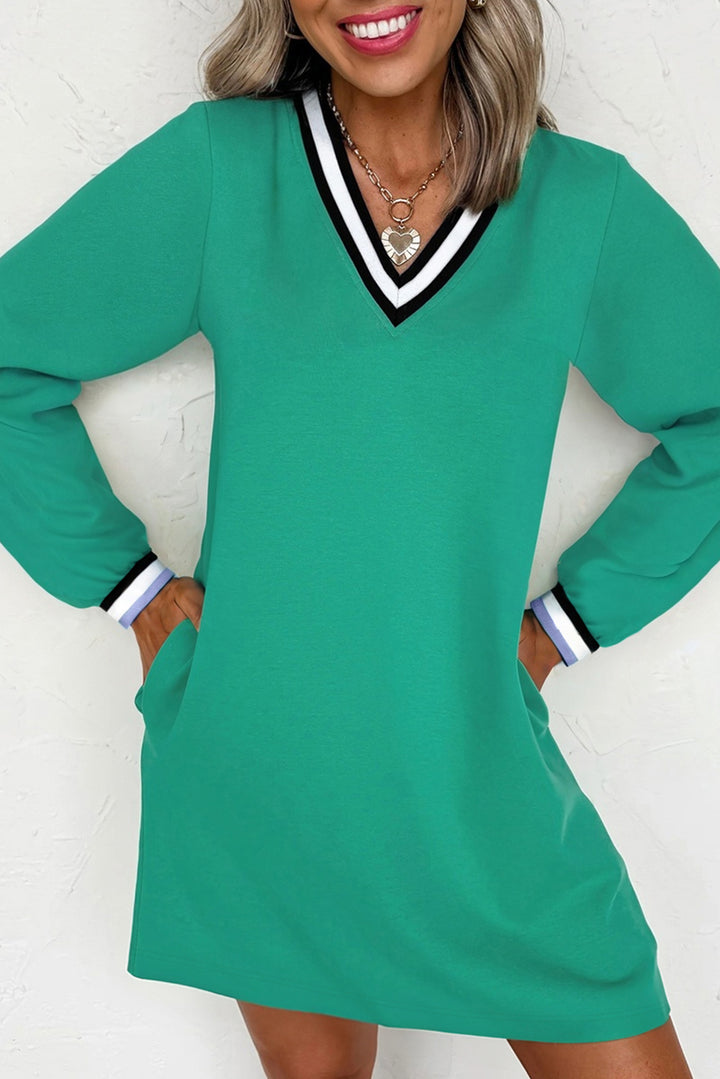 Mint Green Varsity Contrast Striped V Neck Long Sleeve T Shirt Dress with Pockets