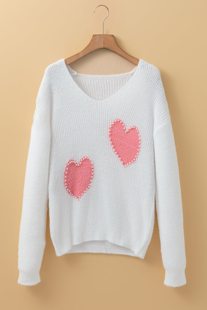 White Pearl Beaded Heart Pattern Fuzzy V Neck Sweater