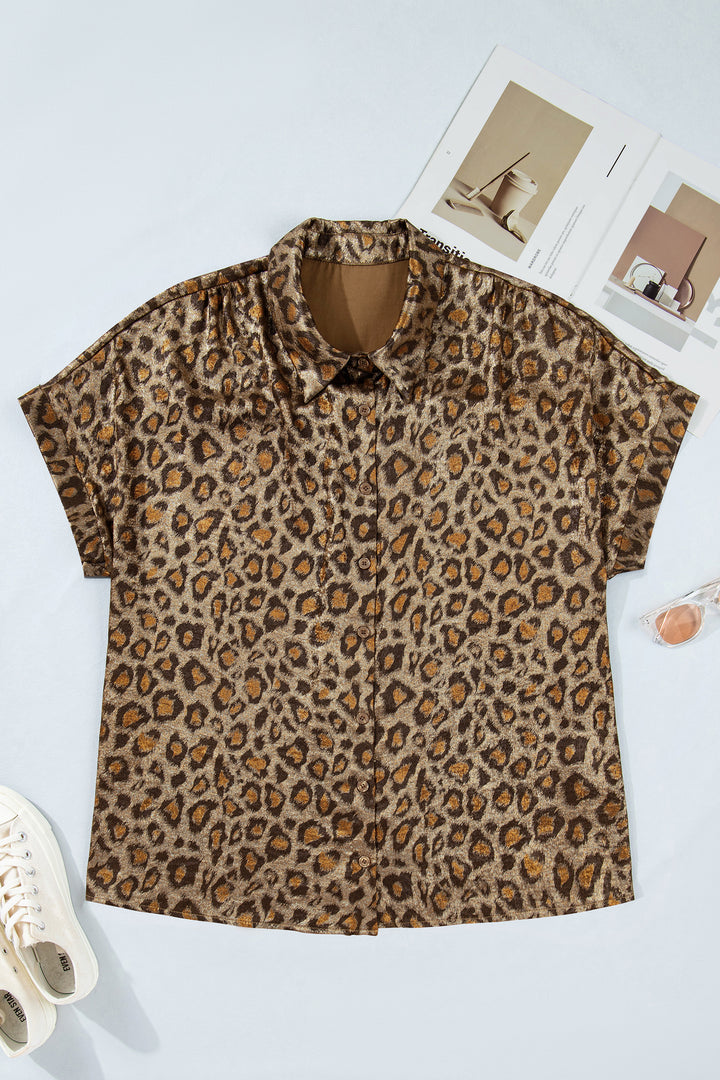 Gold Plus Size Leopard Print Short Sleeve Dolman Shirt