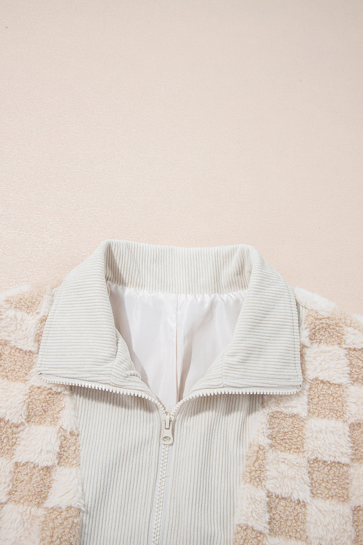 Khaki Checker Sherpa Corduroy Patchwork Zip up Collared Jacket