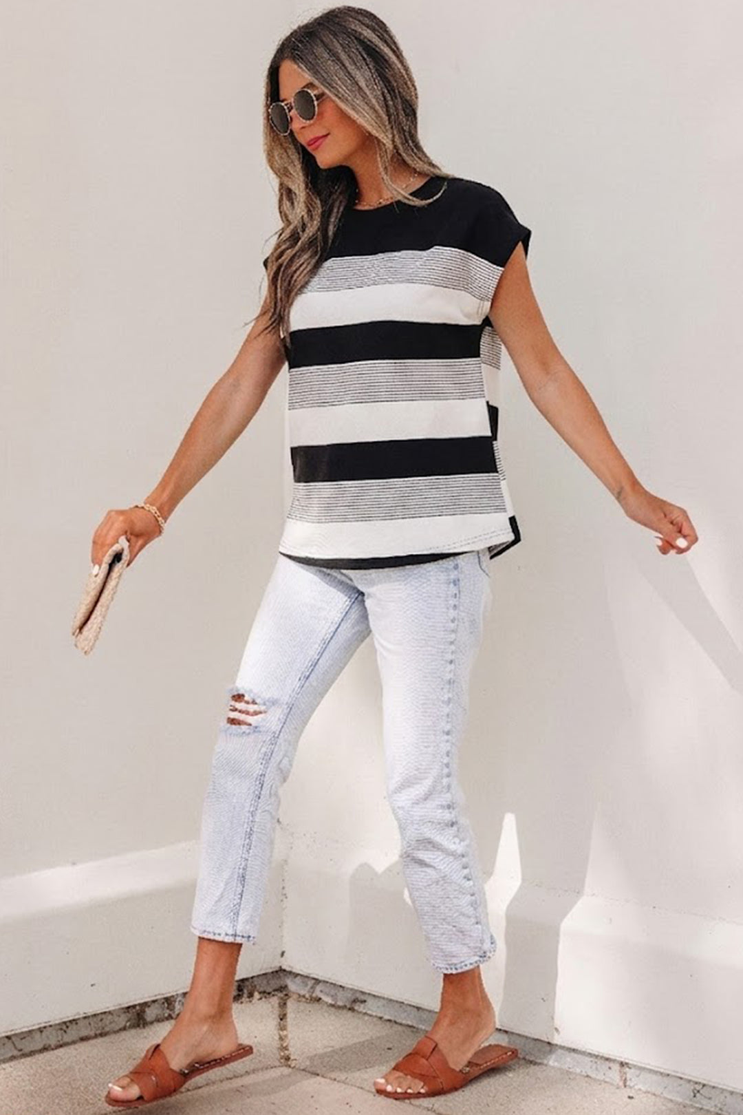 Stripe Mixed Print Crew Neck Cap Sleeve T Shirt
