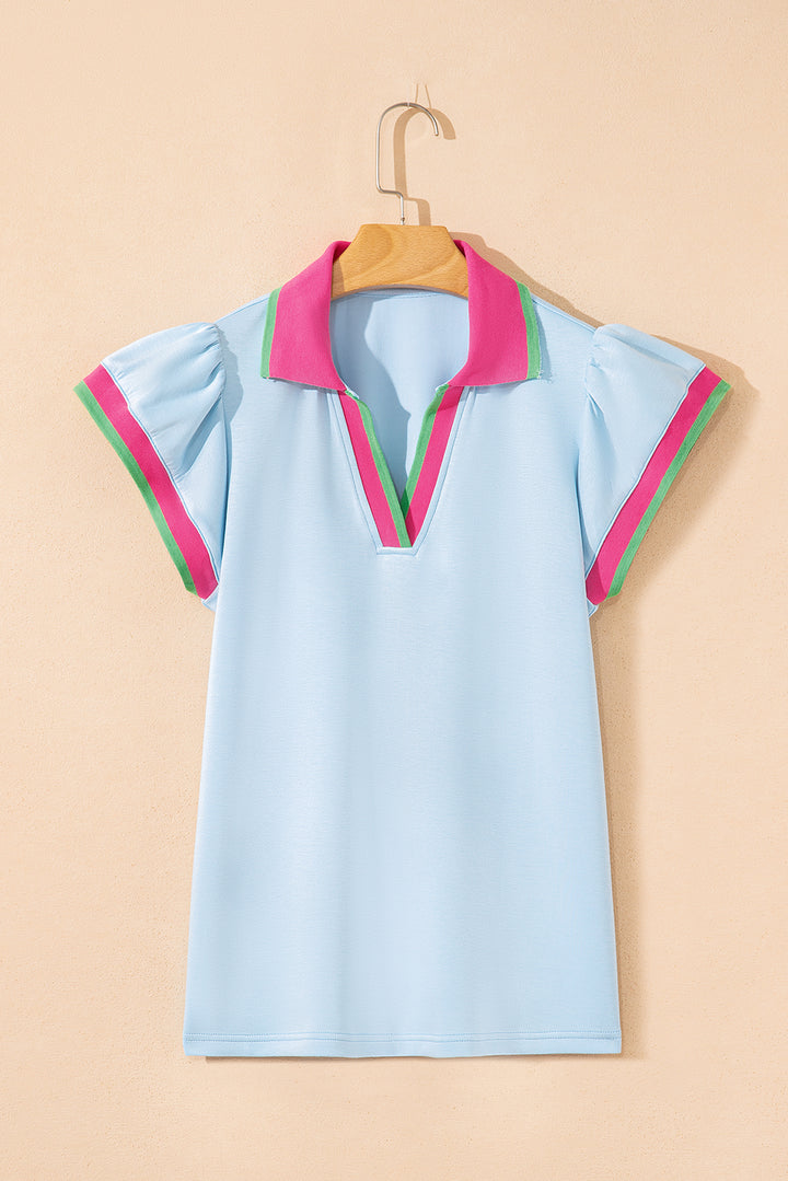 Color Contrast Ruffled Sleeve Collared V Neck Blouse