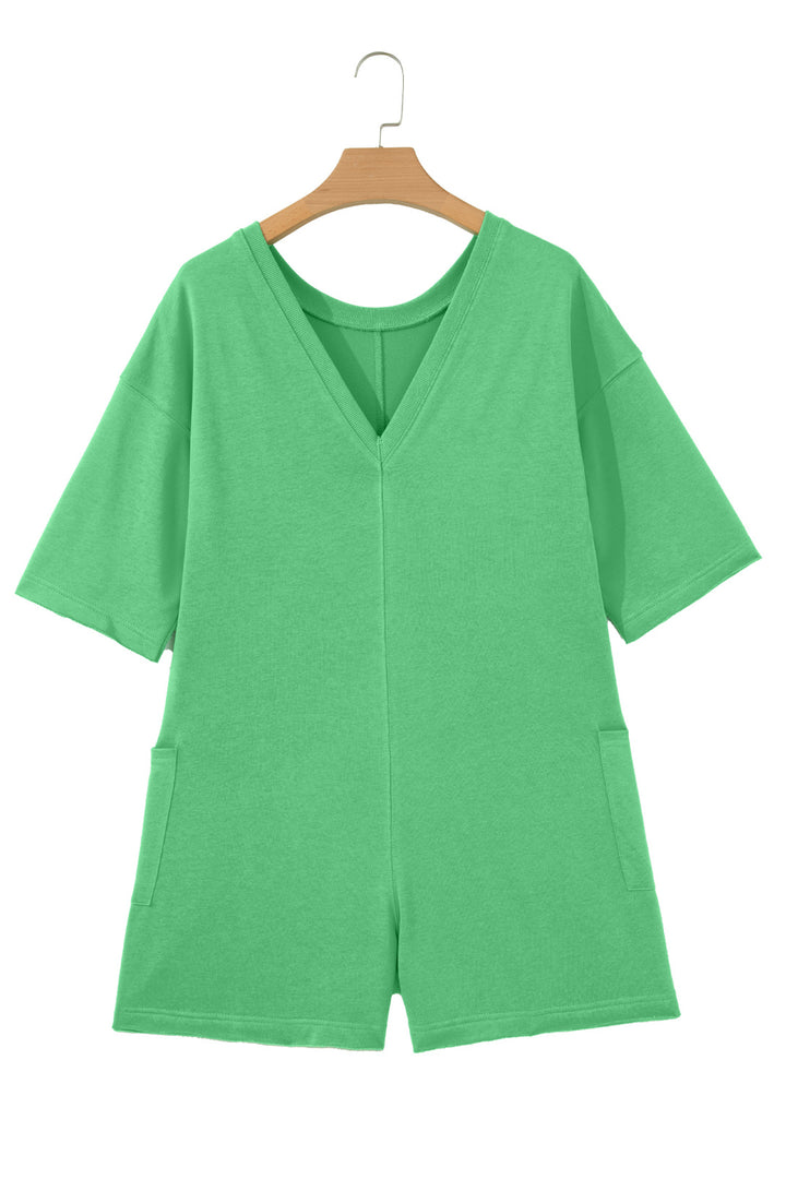 Solid Color Raw Edge Half Sleeve Pocketed Loose Romper