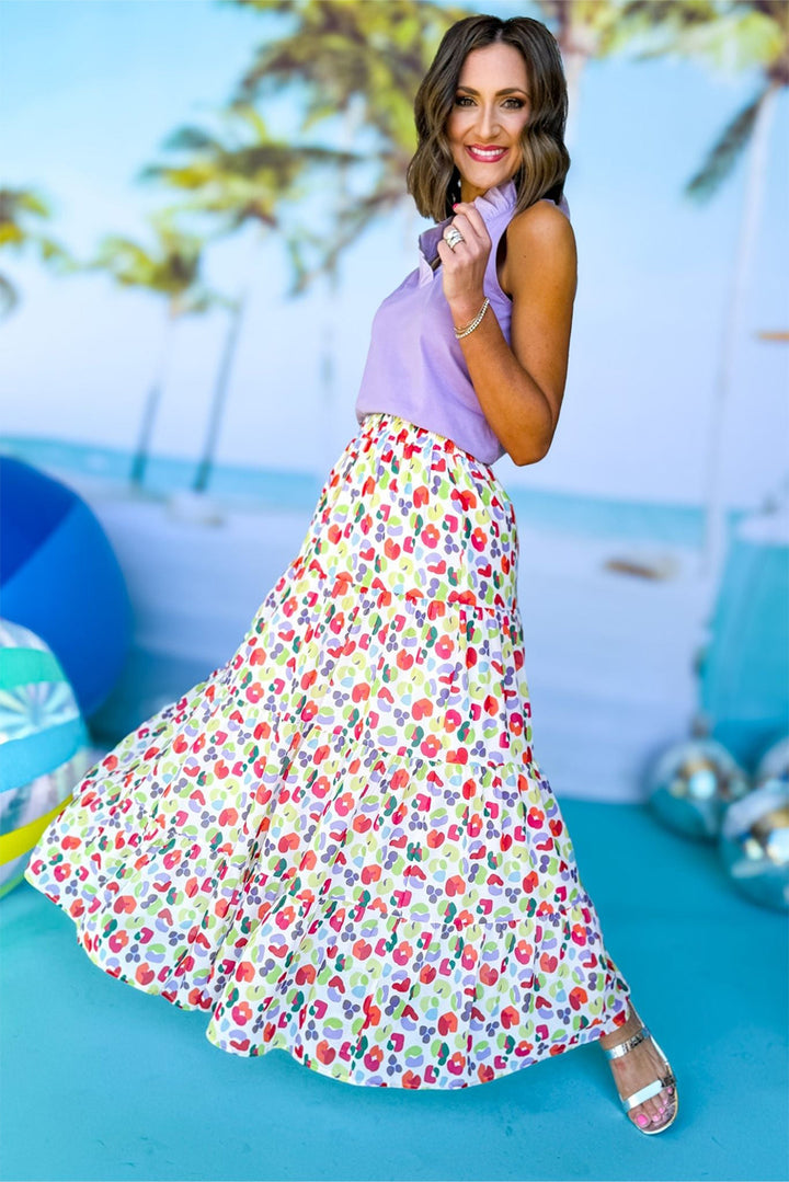 Pink Abstract Print Tiered Flowy Maxi Skirt