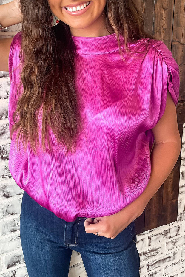 Bright Pink Ruched Sleeves Knotted Backless Blouse - Bright Pink / S