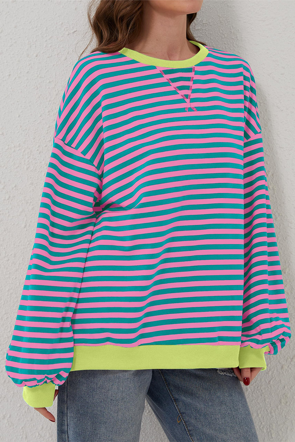 Stripe Oversized Contrast Trim Pullover Sweatshirt