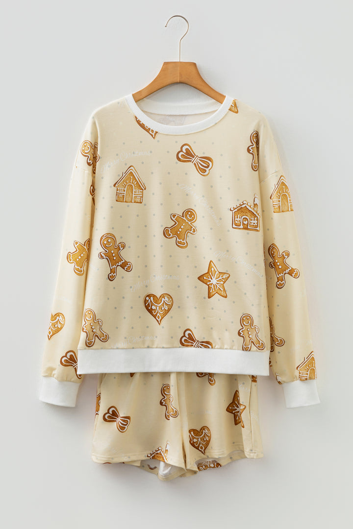 Beige Gingerbread Man Christmas Print Long Sleeve Pullover Lounge Short Set