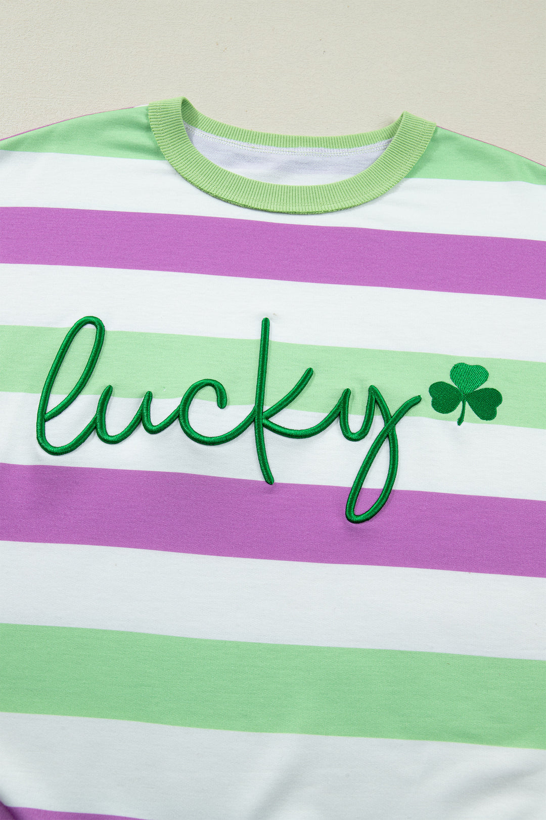 Green Stripe Lucky Clover Embroidered Graphic Dolman Loose Tee