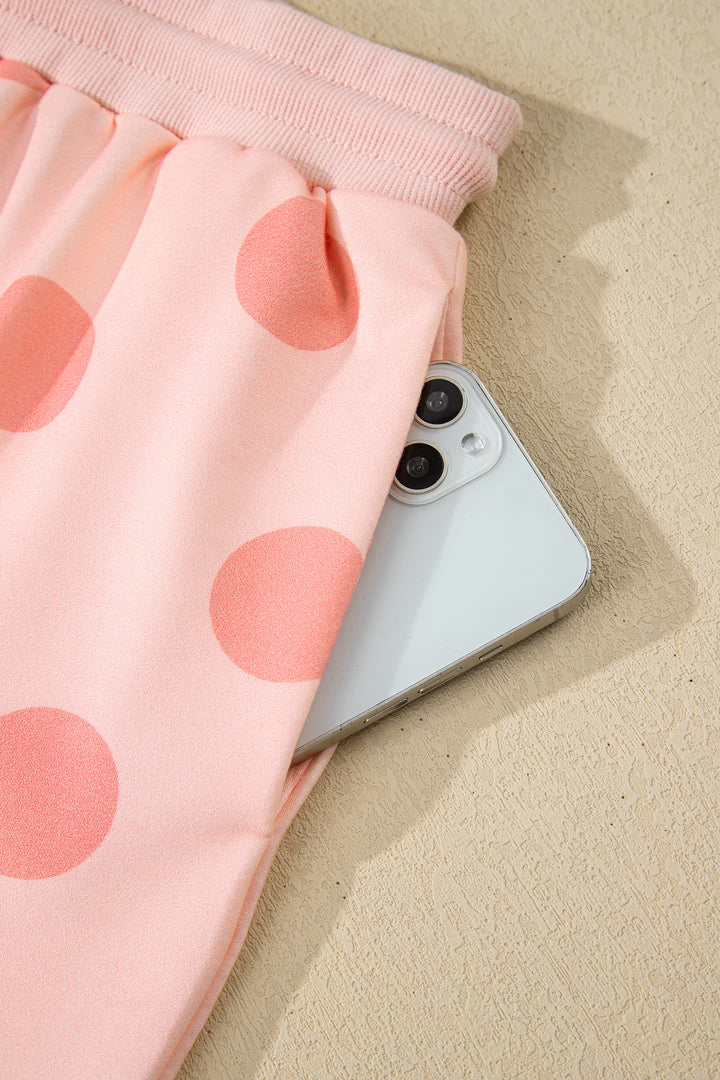 Polka Dot Print Drop Shoulder Pullover Drawstring Shorts Set