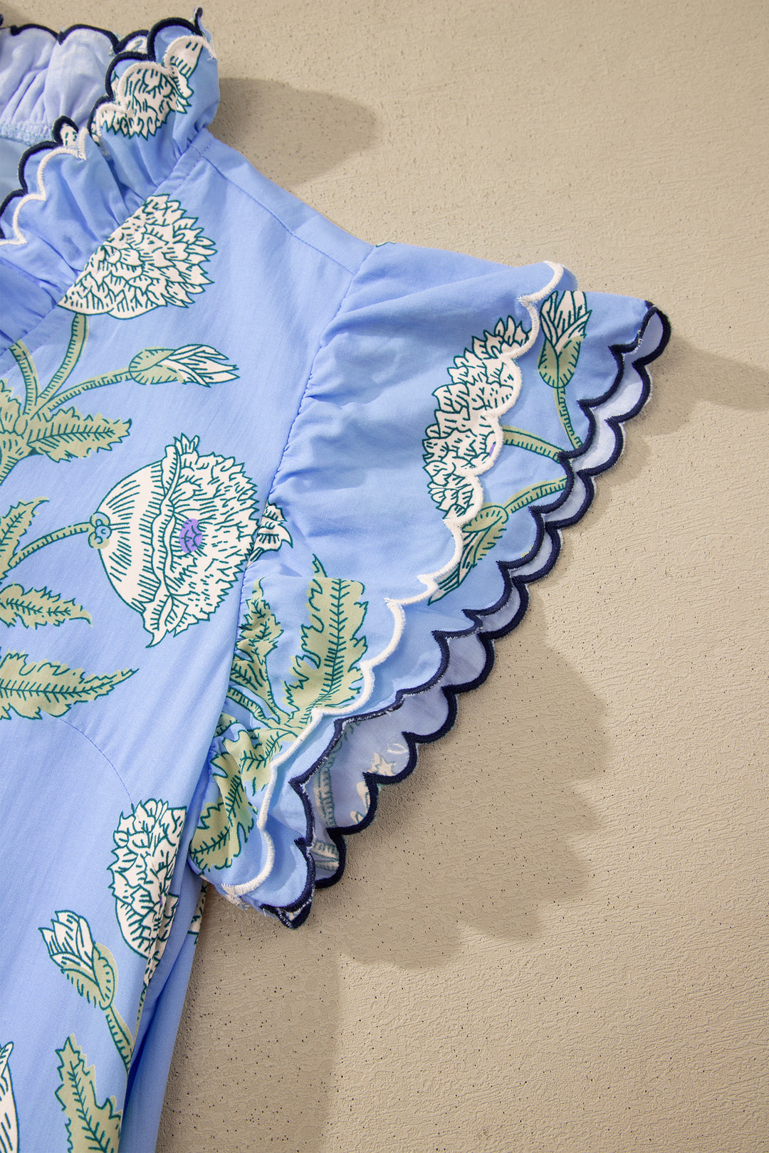 Wild Floral Print Scalloped Embroidery Trim V Neck Drop Waist Mini Dress