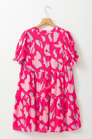 Pink Abstract Printed Puff Short Sleeve Tiered Loose Dress
