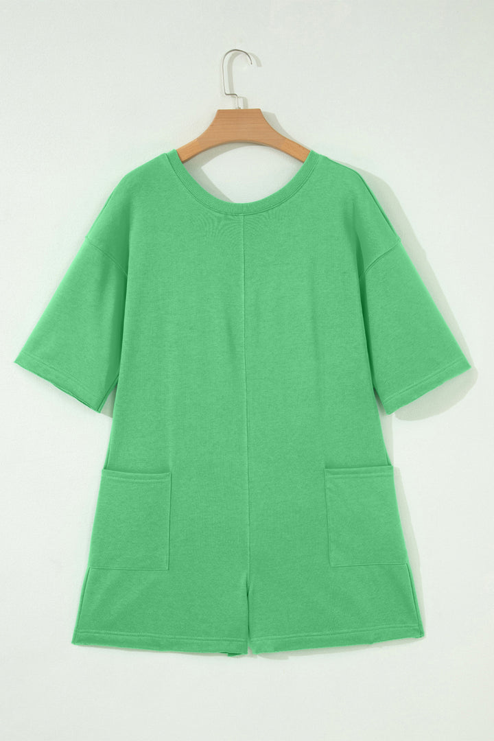 Solid Color Raw Edge Half Sleeve Pocketed Loose Romper