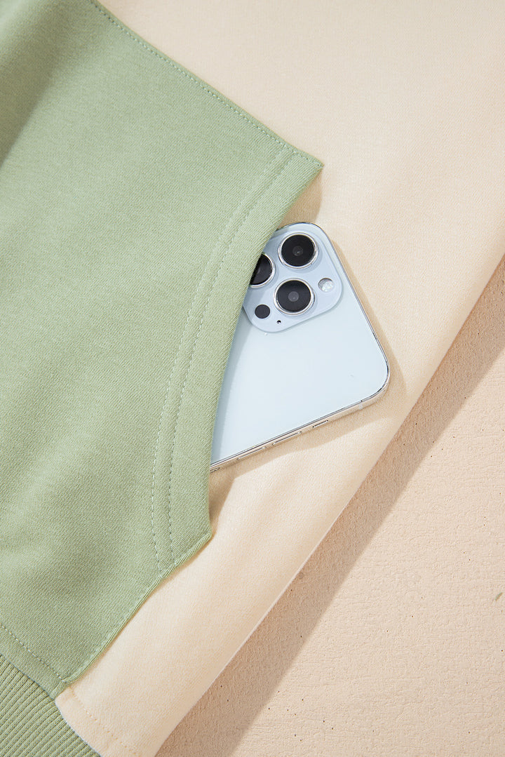 Laurel Green Colorblock Patchwork Buttoned Collar Kangaroo Pocket Sweatshirt